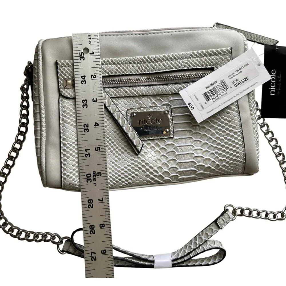 Nicole Miller Faux Snakeskin “Tess” Gray Crossbody Bag With Chain Strap